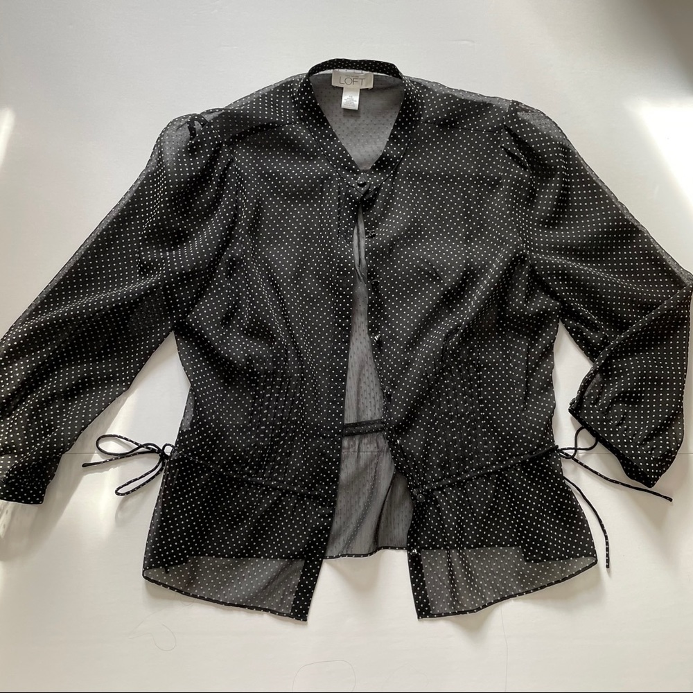 LOFT Black Sheer Polka Dot Button Down Blouse
